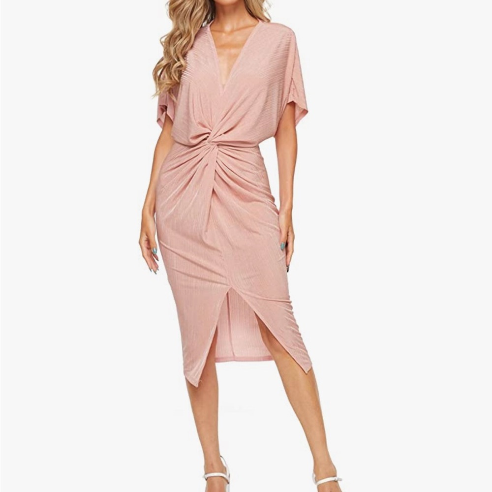 Floerns Women's Short Sleeve V Neck Twist Front Split Midi Dress